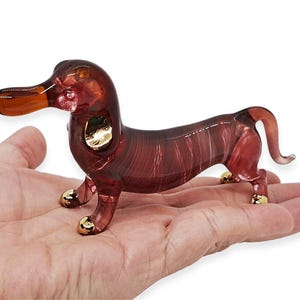 Small 5.25&quot; Long Brown Dachshund Figurines Miniature Dog Blown Glass Dogs Figures Crystal Pet Decor Puppy Collectible Figurine Animals Gifts