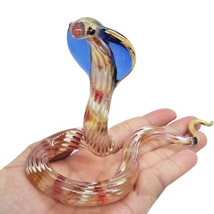 6&quot;L Blue Red Cobra Viper Snake Figurine Miniature Hand Blown Glass Serpent Snakes Small Crystal Reptile Figure Animals Collectible Figurines
