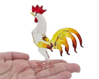 3"High Yellow Chicken Figurine Rooster Miniature Hand Blown Glass Crystal Farm Animal Figurines Decorative Hen Collectible Chick Figure Gift