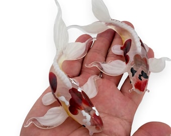 Figura artística de carpa koi blanca, roja y negra de 10 cm (4 pulgadas), 2 piezas, hecha de vidrio soplado a mano. Estatua decorativa para mesa. Regalo coleccionable único.
