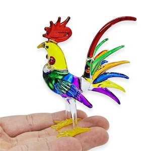 3&quot;High Multicolor Chicken Figurine Rooster Miniature Hand Blown Glass Crystal Farm Animals Figurines Decorative Hen Collectible Chick Figure