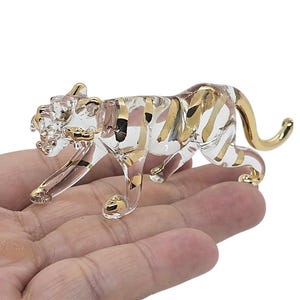 4&quot; Long Clear Gold Bengal Tiger Figurine Miniature Blown Glass Wild Cat Small Crystal Wildlife Animal Decorative Collectible Figurines Decor
