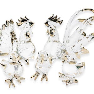 Small 5 Pieces Clear Gold Chicken Family Figurine Rooster Miniature Blown Glass Crystal Farm Animals Figurines Hen Collectible Chick Figures