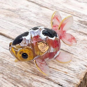 3&quot;L Black Red White Ranchu Lionhead Goldfish Figurine Miniature Hand Blown Glass Gold Fish Aquatic Animal Freshwater Ornament Crystal Figure