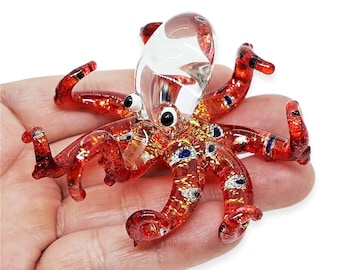 Figura de pulpo rojo brillante de 3" de largo, miniatura de vidrio soplado, calamar, sepia, molusco marino, cristal colorido, criatura marina, animales.