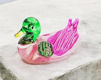 2"L Pink Green Mallard Duck Decor Ducks Figurine Waterfowl Bird Miniature Hand Blown Glass Wildlife Crystal Animal Birds Collectible Figures