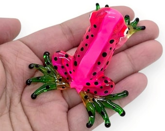 Figura de rana rosa, verde y negra de 6,35 cm de largo, sapo en miniatura, de vidrio soplado a mano, anfibios de cristal, decoración para casa de muñecas, regalo