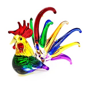 2.5&quot;L Multicolor Chicken Figurine Rooster Miniature Hand Blown Glass Crystal Farm Animals Figurines Decorative Hen Collectible Chick Figures