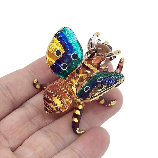 2" L Blue Brown Honey Bee Figurine Miniature Hand Blown Glass Bugs Figure Animals Colorful Ornament Honeybees Crystal Insect Figurines Decor
