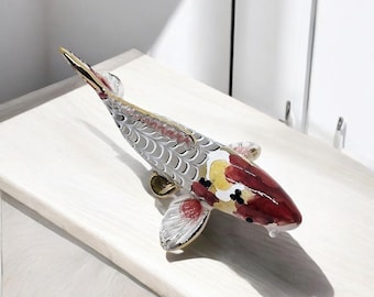 Figura de pez koi de cabeza roja de 5" de largo, miniatura de vidrio soplado pintado, animal acuático colorido de agua dulce, decoración ornamental de cristal, figuras coleccionables