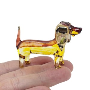Tiny 2&quot; L Yellow Brown Dachshund Figurines Miniature Dog Blown Glass Dogs Figures Crystal Pet Decor Puppy Collectible Figurine Animals Gifts
