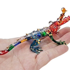 Mini 4.25&quot; L Crocodile Figurine Miniature Hand Blown Glass Alligator Caiman Gharial Reptile Crystal Animals Decorative Collectible Figurines