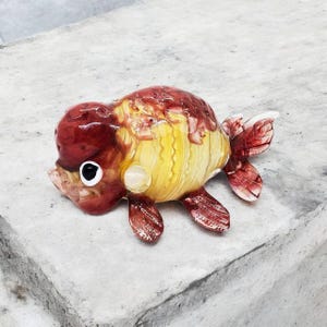 3&quot;L Red Yellow Ranchu Lionhead Goldfish Figurine Miniature Blown Glass Gold Fish Aquatic Animal Colorful Freshwater Ornament Crystal Figures