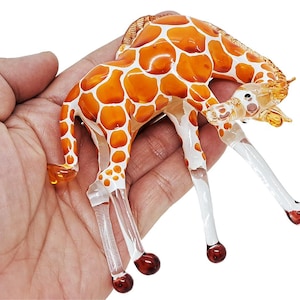4&quot; Long Orange Giraffe Figurine Miniature Blown Glass Giraffes Wildlife Safari Animals Crystal Dollhouse Decorative Collectible Figure Gifts
