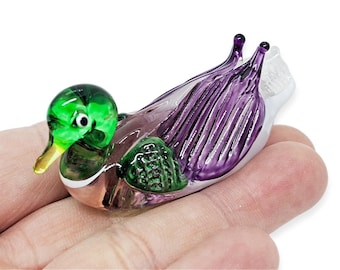 2" L Purple Mallard Duck Decor Ducks Figurine Waterfowl Bird Miniature Hand Blown Glass Wildlife Crystal Animals Birds Collectible Figurines