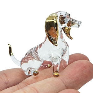 Tiny 2.25&quot; L Clear Gold Dachshund Figurines Miniature Dog Blown Glass Dogs Figures Crystal Pet Decor Puppy Collectible Figurine Animals Gift