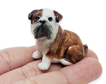 Tiny Bulldog Figurine 1.4" Long Ceramic Puppy Miniature Pet Dollhouse Animals Collectible Bull Dogs Porcelain Home Décor Gift for Dog Lover