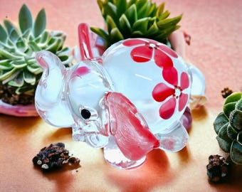 2.5" L Red Flower Elephant Figurine Hand Blown Glass Elephants Crystal Animals Miniature Figurines Decorative Dollhouse Collectible Figures