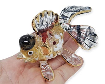 4" L Yellow Black Oranda Goldfish Figurine Miniature Hand Blown Glass Gold Fish Aquatic Animal Freshwater Figurines Ornament Crystal Figures
