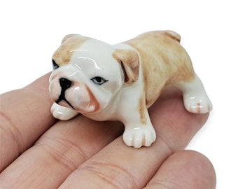 Tiny Bulldog Figurine 2.25" Long Ceramic Puppy Miniature Pet Dollhouse Animals Collectible Bull Dogs Porcelain Home Décor Gift for Dog Lover