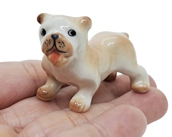 Tiny Bulldog Figurine 1.75"Long Ceramic Puppies Miniature Pet Dollhouse Animal Collectible Bull Dogs Porcelain Home Décor Gift for Dog Lover