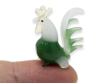1" H Green White Chicken Figurine Rooster Miniature Hand Blown Glass Crystal Farm Animals Figurines Decorative Hen Collectible Chick Figures
