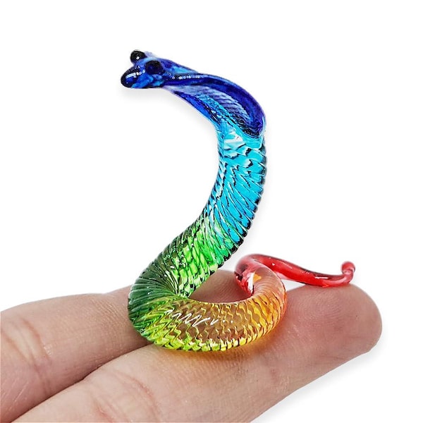 1.5" Rainbow Cobra Viper Slithering Snake Figurine Miniature Hand Blown Glass Serpent Snakes Small Crystal Reptile Animal Collectible Figure