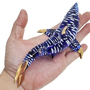 6.5&quot;Long Blue Gold Shark Figurine Miniature Blown Glass Sharks Marine Sea Life Ocean Fish Small Crystal Animals Figure Collectible Figurines