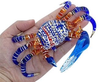 Figura de cangrejo pequeña de 5" de largo, miniatura de cangrejos de vidrio soplado, crustáceos, coloridos animales marinos de cristal multicolor, figuras decorativas coleccionables.