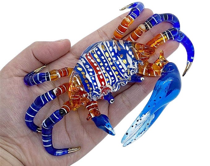 2 3/8" L Handmade Multicolor Blown Glass Crab Figurine – Art Glass Crustacea Décor