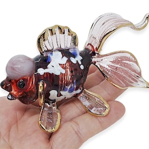 4&quot;L Red White Gold Oranda Goldfish Figurine Miniature Hand Blown Glass Gold Fish Aquatic Animal Freshwater Figurines Ornament Crystal Figure