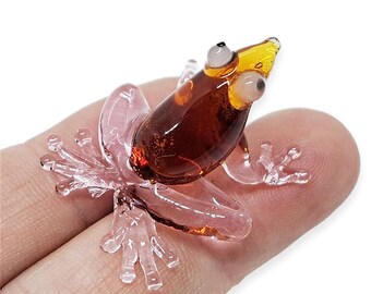 Figura de rana marrón de 2,5 cm de largo, sapo en miniatura, de vidrio soplado a mano, anfibios de cristal de colores, decoración para casas de muñecas.