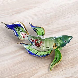 4.5&quot; L Green Blue Betta Siamese Fighting Fish Figurine Miniature Blown Glass Aquatic Animal Colorful Freshwater Ornament Crystal Figure Gift