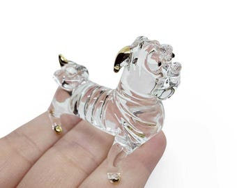 Tiny 2"Long Clear Gold Pug Figurines Miniature Dog Hand Blown Glass Dogs Figures Crystal Pet Decor Puppies Collectible Figurine Animals Gift