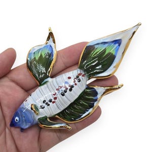 4.5&quot;L Green White Betta Siamese Fighting Fish Figurine Miniature Blown Glass Aquatic Animal Colorful Freshwater Ornament Crystal Figure Gift