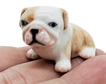 Tiny Bulldog Figurine 1.5"Long Ceramic Puppies Miniature Pet Dollhouse Animals Collectible Bull Dogs Porcelain Home Décor Gift for Dog Lover