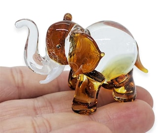 2"Long Brown Clear Elephant Figurine Hand Blown Glass Elephants Crystal Animals Miniature Figurines Decorative Dollhouse Collectible Figures