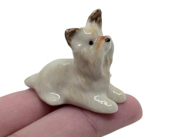 White Yorkshire Terrier Figurine 1.5" Long Ceramic Puppy Miniature Pet Dollhouse Animals Collectible Yorkie Dogs Porcelain Figure Décor Gift