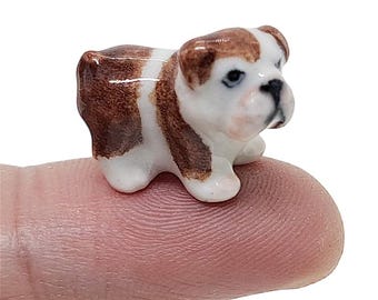 Tiny Bulldog Figurine 0.75" Long Ceramic Puppy Miniature Pet Dollhouse Animals Collectible Bull Dogs Porcelain Home Décor Gift for Dog Lover