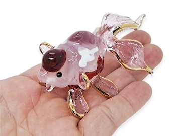 3"L Pink Red Gold Oranda Goldfish Figurine Miniature Hand Blown Glass Gold Fish Aquatic Animal Freshwater Figurines Ornament Crystal Figures