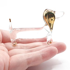 Tiny 2.4&quot; L Clear Gold Dachshund Figurines Miniature Dog Blown Glass Dogs Figures Crystal Pet Decor Puppy Collectible Figurine Animals Gifts