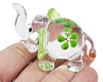 2.5"L Green Flower Elephant Figurine Hand Blown Glass Elephants Crystal Animals Miniature Figurines Decorative Dollhouse Collectible Figures