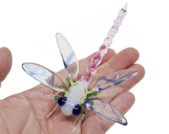 4.25"L White Pink Dragonfly Figurine Miniature Hand Blown Glass Bugs Figures Animals Colorful Ornament Dragonflies Crystal Insects Figurines