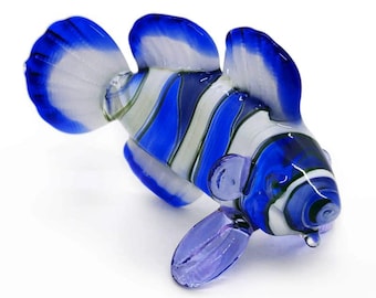 Figura de pez payaso azul de 7,6 cm de largo, miniatura de vidrio soplado, pez acuático, animales marinos, adorno oceánico colorido, decoración de cristal, figuras de criaturas marinas