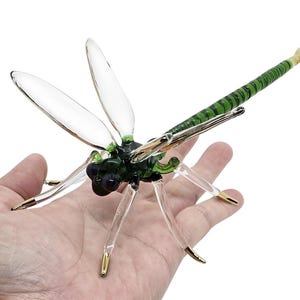 8"L Green & Clear Dragonfly Figurine Miniature Hand Blown Glass Bugs Figures Animals Colorful Ornament Dragonflies Crystal Insects Figurines