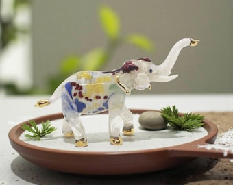 4.5" L White Yellow Elephant Figurine Hand Blown Glass Elephants Crystal Animals Miniature Figurines Decorative Dollhouse Collectible Figure