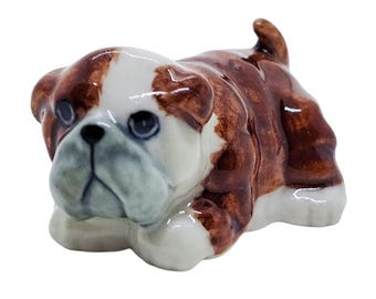 Tiny Bulldog Figurine 1.5"Long Ceramic Puppies Miniature Pet Dollhouse Animals Collectible Bull Dogs Porcelain Home Décor Gift for Dog Lover