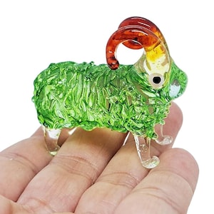 Tiny 1.75&quot; Long Green Goat Figurine Miniatures Hand Blown Glass Goats Wildlife Figures Farm Animals Crystal Décor Collectible Pets Figurines