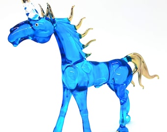 6.5" L Blue Standing Unicorn Mythical Horse Figurine Miniature Blown Glass Pegasus Fantasy Creatures Crystal Animals Decorative Collectibles
