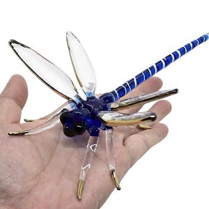8" L Blue & Clear Dragonfly Figurine Miniature Hand Blown Glass Bugs Figures Animals Colorful Ornament Dragonflies Crystal Insects Figurines